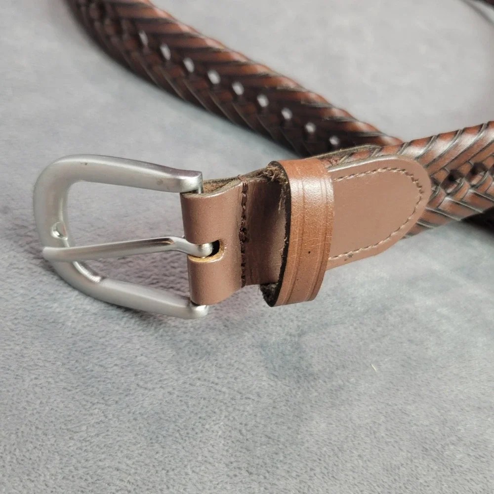 Brown Braided Genuine Leather Belt Silver Buckle Woven Casual Mens Womens 35.5in